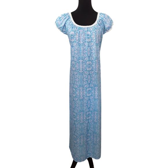Vintage Other - Vintage 80s Miss Elaine Nightgown Blue Lace Puff Sleeve House Dress Floor Length